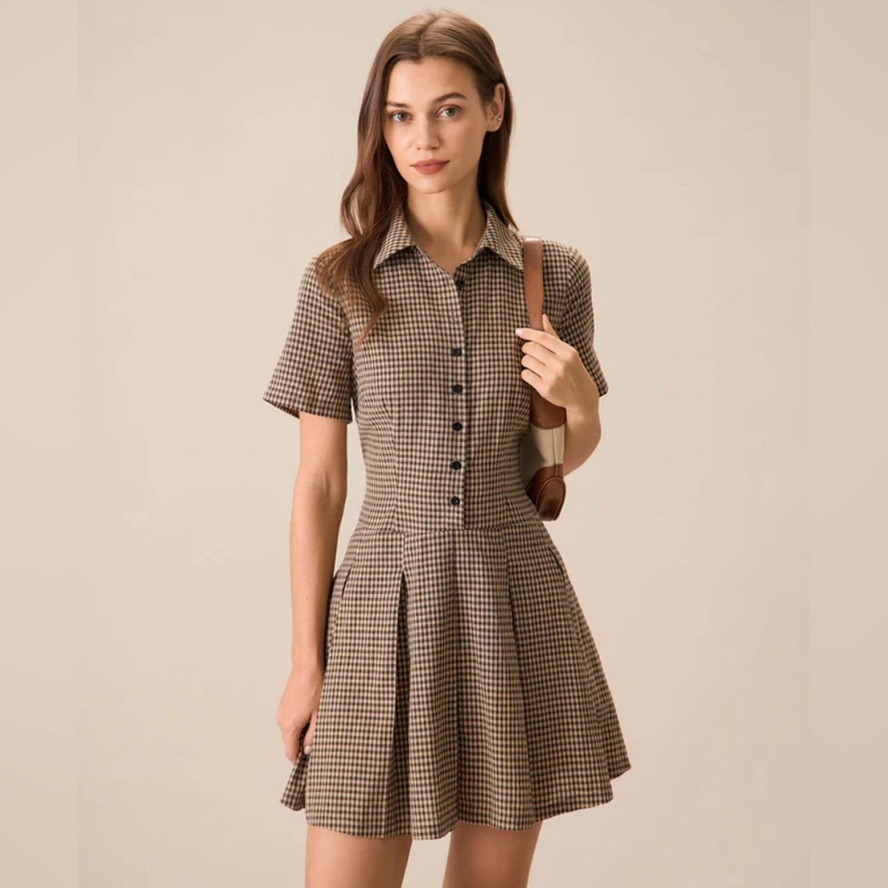 NWT RIHOAS Women's Brown Plaid Lapel Pleated Mini Dress